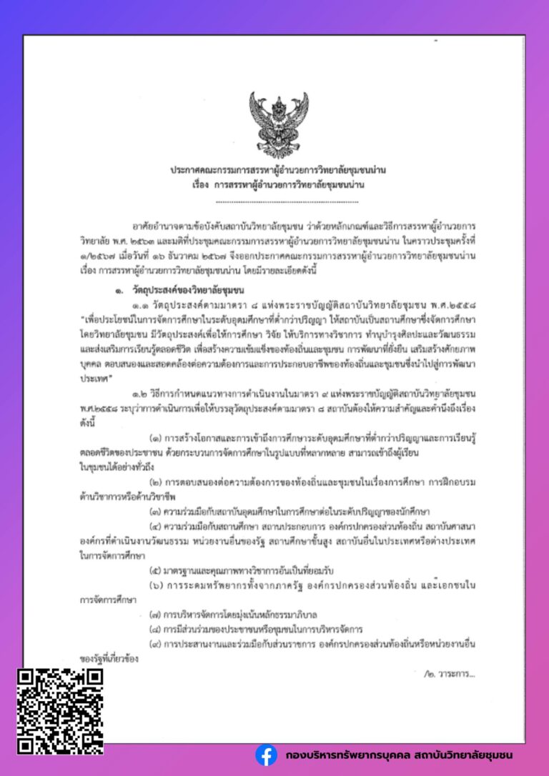 ประกาศคณะกรรมการสรรหาผู้อำนวยการวิทยาลัยชุมชนน่าน เรื่อง การสรรหาผู้อำนวยการวิทยาลัยชุมชนน่าน