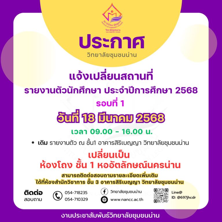 แจ้งเปลี่ยนแปลงสถานที่รายงานตัวนักศึกษาใหม่ ประจำปีการศึกษา 2568 รอบที่ 1